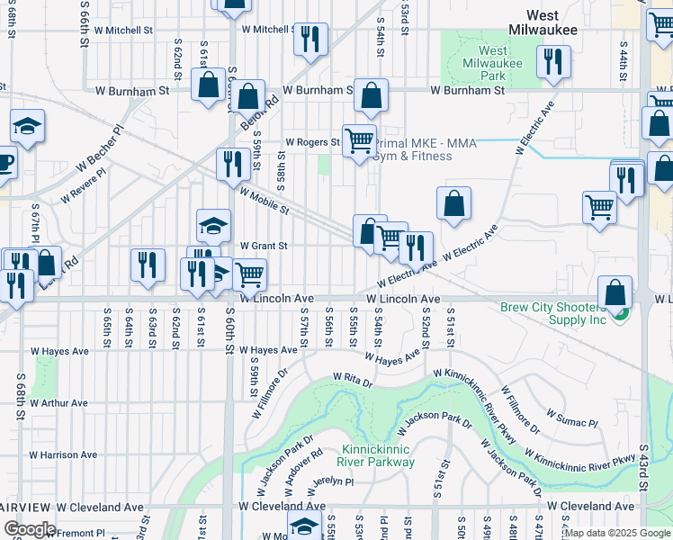 map of restaurants, bars, coffee shops, grocery stores, and more near 2254 South 56th Street in West Allis