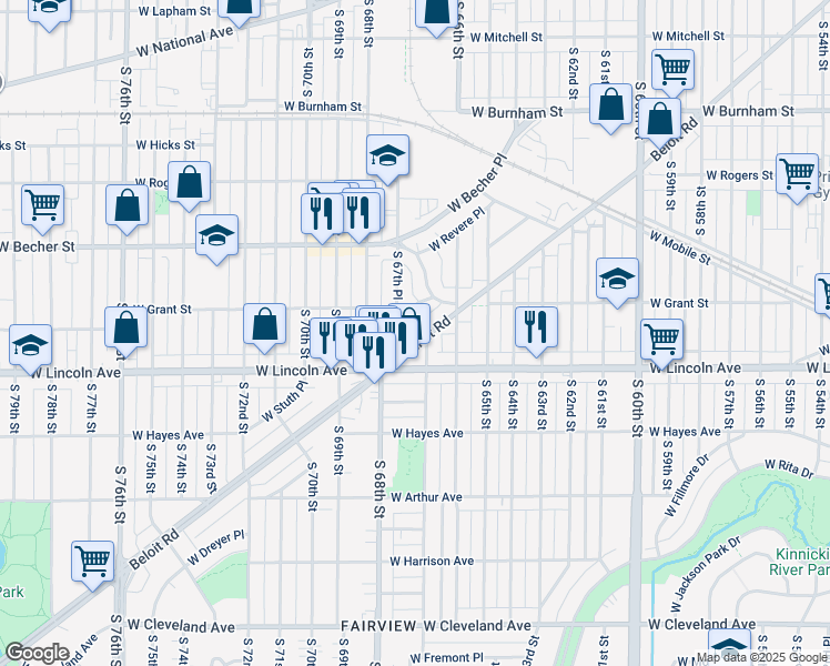 map of restaurants, bars, coffee shops, grocery stores, and more near 6711 Beloit Road in West Allis