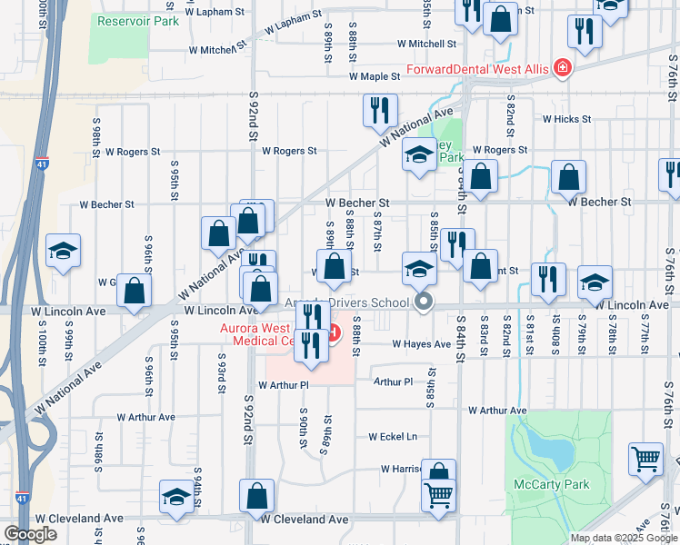 map of restaurants, bars, coffee shops, grocery stores, and more near 22 South 88th Street in West Allis