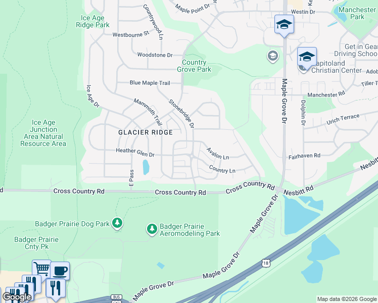 map of restaurants, bars, coffee shops, grocery stores, and more near 3801 Stonebridge Drive in Madison