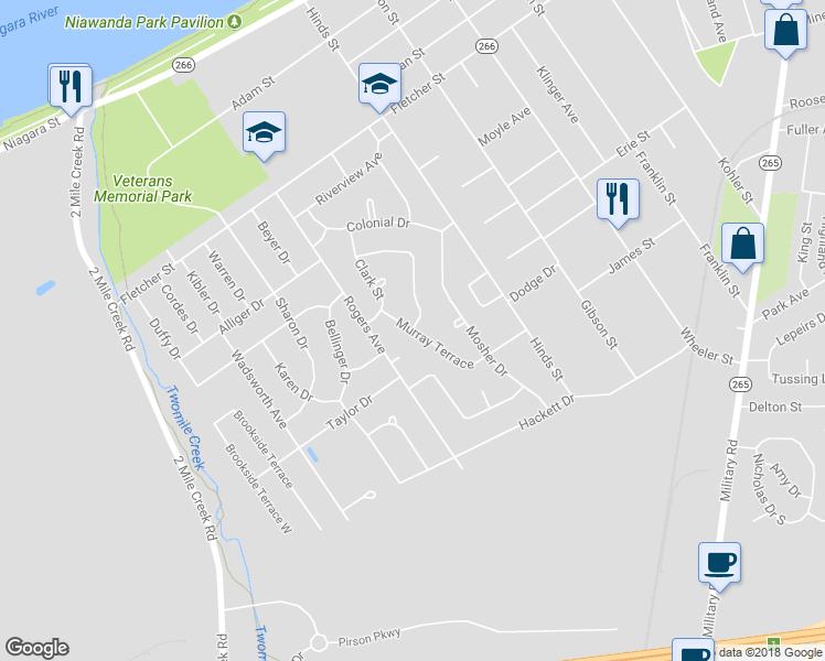 map of restaurants, bars, coffee shops, grocery stores, and more near Murray Terrace & Gath Terrace in Tonawanda