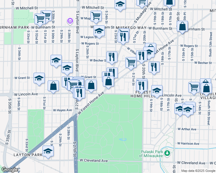 map of restaurants, bars, coffee shops, grocery stores, and more near 2338 West Forest Home Avenue in Milwaukee