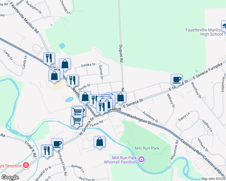 map of restaurants, bars, coffee shops, grocery stores, and more near 104 Moulter Street in Manlius