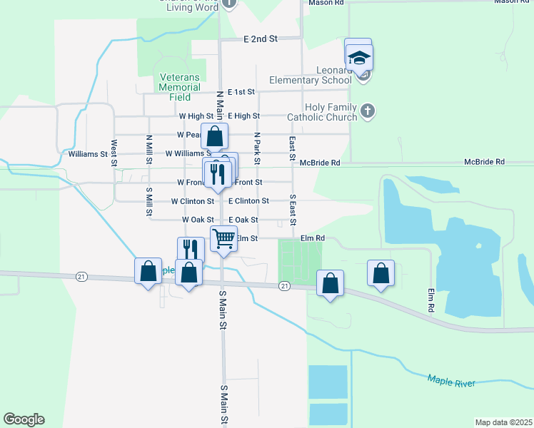 map of restaurants, bars, coffee shops, grocery stores, and more near 212 East Oak Street in Ovid