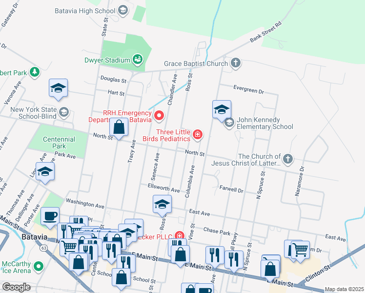 map of restaurants, bars, coffee shops, grocery stores, and more near 3 North Park in Batavia