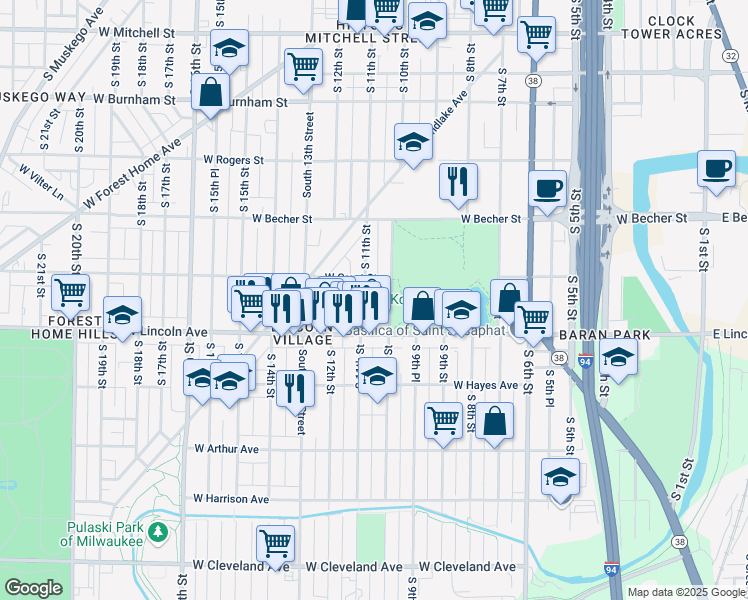 map of restaurants, bars, coffee shops, grocery stores, and more near 2253 South 10th Place in Milwaukee