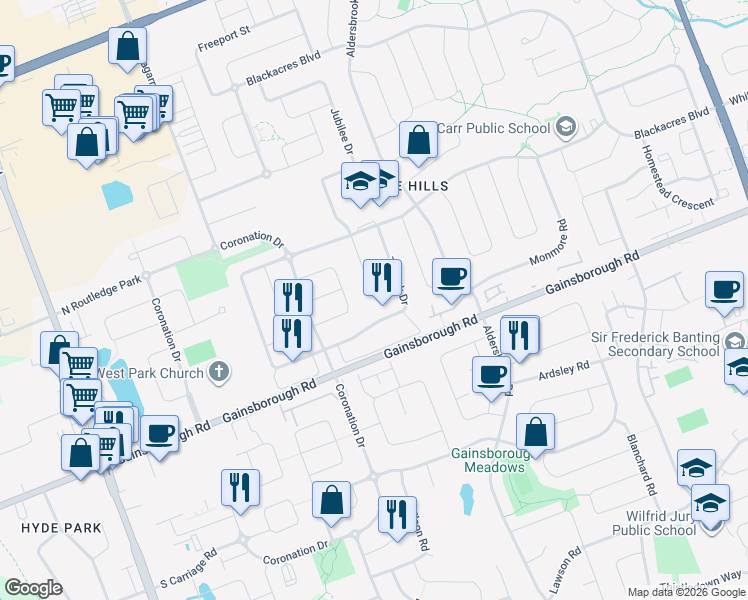 map of restaurants, bars, coffee shops, grocery stores, and more near 63 Jasmine Drive in London