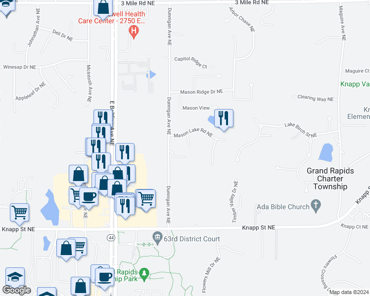 map of restaurants, bars, coffee shops, grocery stores, and more near 2291 Mason Lake Court Northeast in Grand Rapids