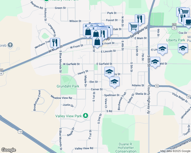 map of restaurants, bars, coffee shops, grocery stores, and more near 102 Elm Street in Mount Horeb