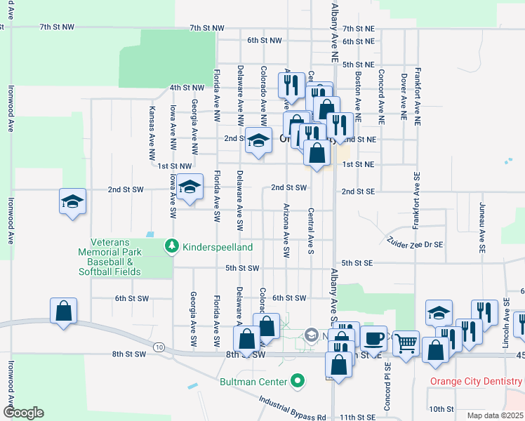 map of restaurants, bars, coffee shops, grocery stores, and more near 300 Colorado Avenue Southwest in Orange City