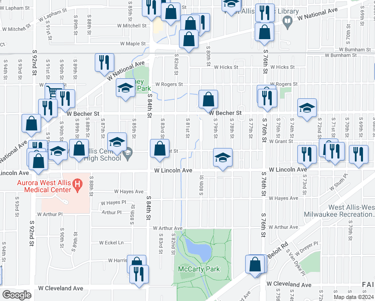 map of restaurants, bars, coffee shops, grocery stores, and more near South 81st Street in West Allis