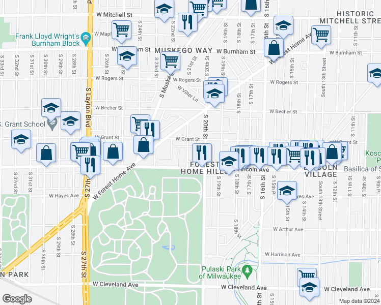 map of restaurants, bars, coffee shops, grocery stores, and more near 2236 South 21st Street in Milwaukee