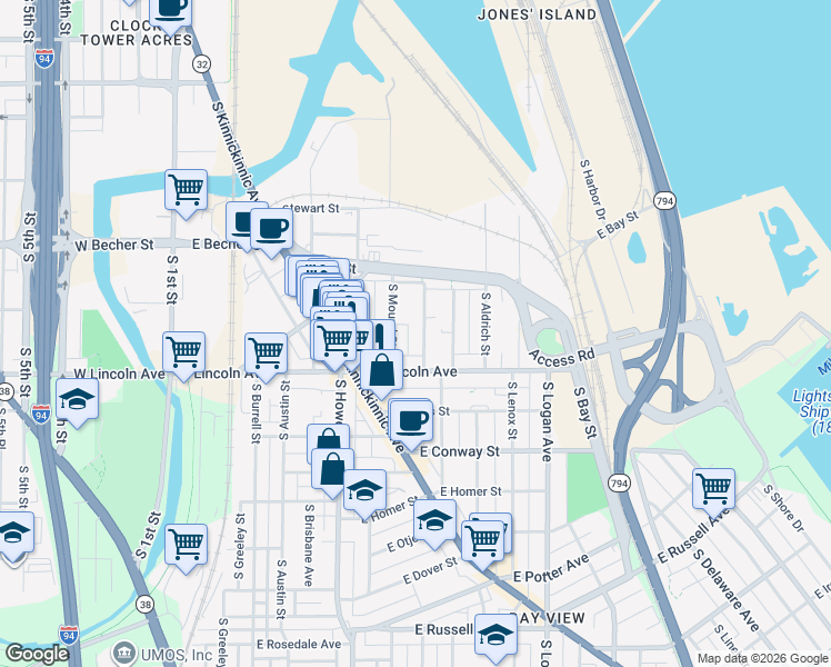 map of restaurants, bars, coffee shops, grocery stores, and more near 2227 South Winchester Street in Milwaukee