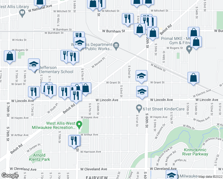 map of restaurants, bars, coffee shops, grocery stores, and more near 2231 South 64th Street in West Allis