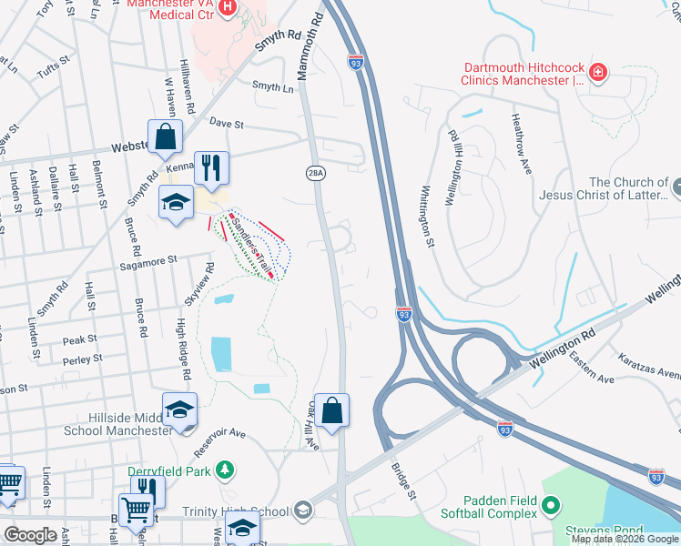 map of restaurants, bars, coffee shops, grocery stores, and more near 889 Mammoth Road in Manchester