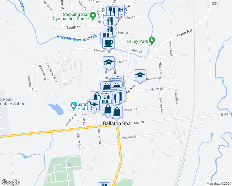 map of restaurants, bars, coffee shops, grocery stores, and more near 3 Washington Street in Ballston Spa