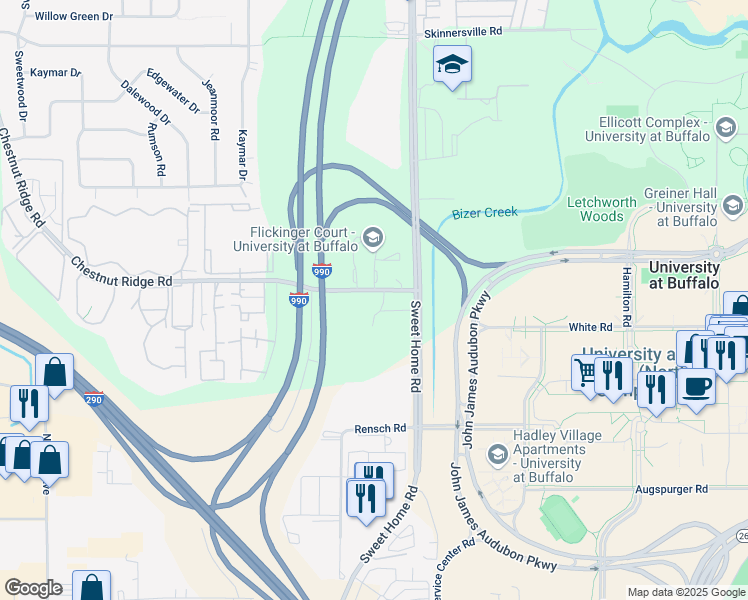 map of restaurants, bars, coffee shops, grocery stores, and more near 4905 Chestnut Ridge Road in Buffalo