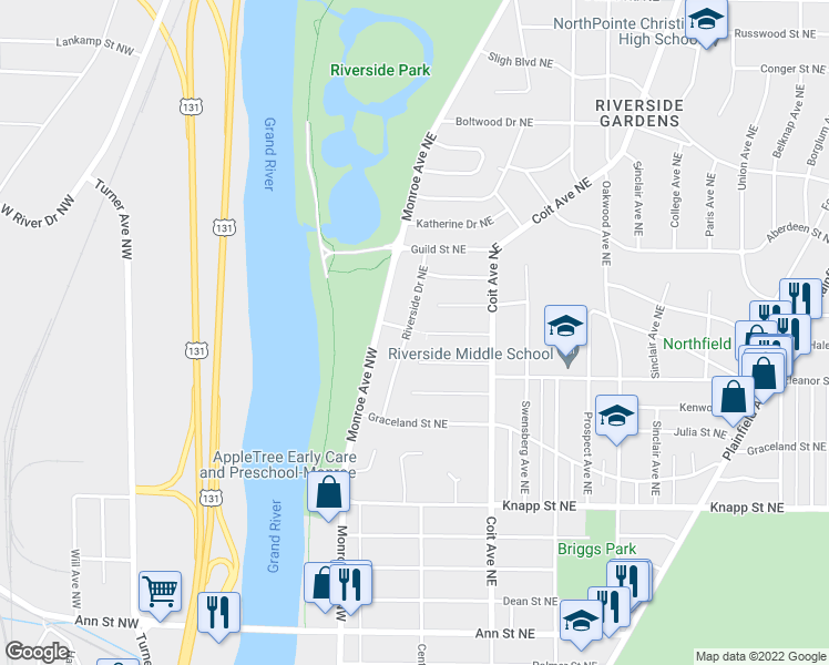 map of restaurants, bars, coffee shops, grocery stores, and more near 2230 Riverside Drive Northeast in Grand Rapids