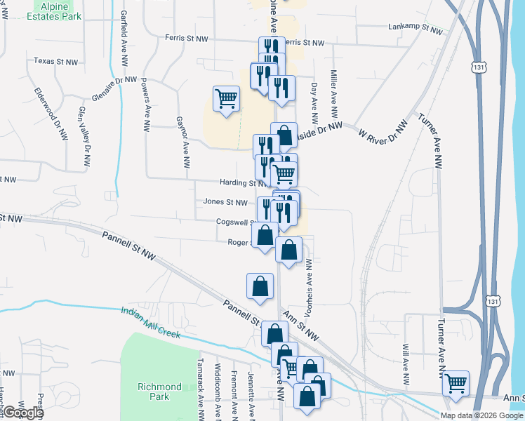 map of restaurants, bars, coffee shops, grocery stores, and more near 2215 Alpine Avenue Northwest in Grand Rapids