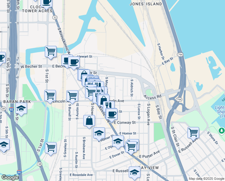 map of restaurants, bars, coffee shops, grocery stores, and more near 2250 South Winchester Street in Milwaukee