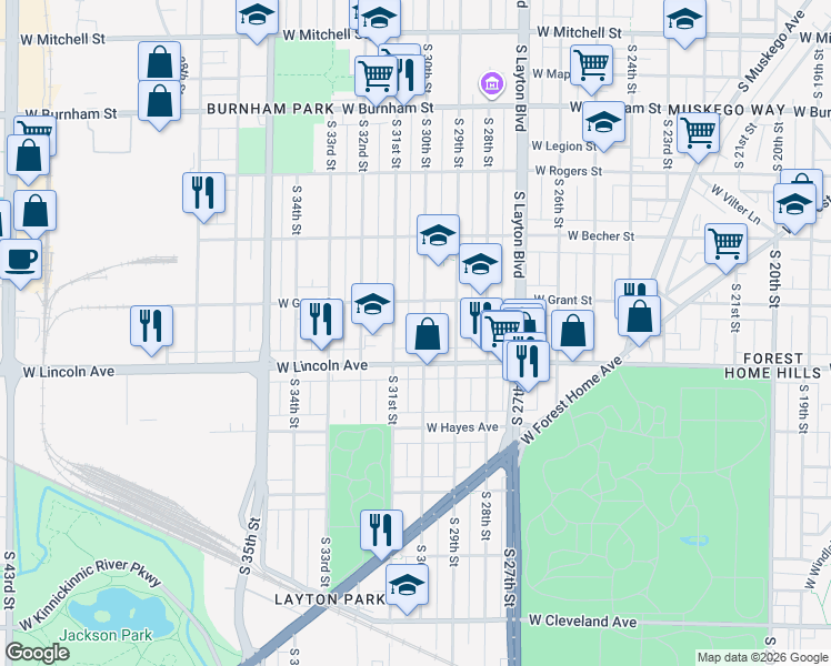 map of restaurants, bars, coffee shops, grocery stores, and more near 2258 South 31st Street in Milwaukee
