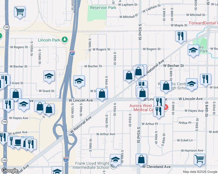 map of restaurants, bars, coffee shops, grocery stores, and more near 2200 South 96th Street in West Allis