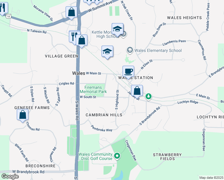 map of restaurants, bars, coffee shops, grocery stores, and more near 222 Park Street in Wales