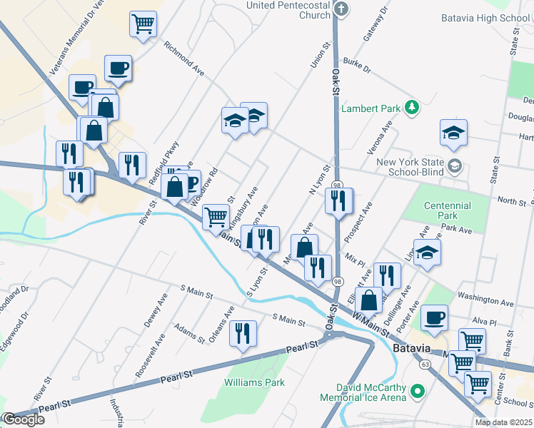 map of restaurants, bars, coffee shops, grocery stores, and more near 12 Vernon Avenue in Batavia