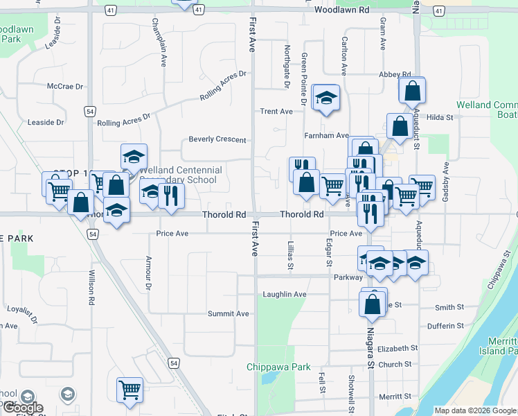 map of restaurants, bars, coffee shops, grocery stores, and more near 179 First Avenue in Welland