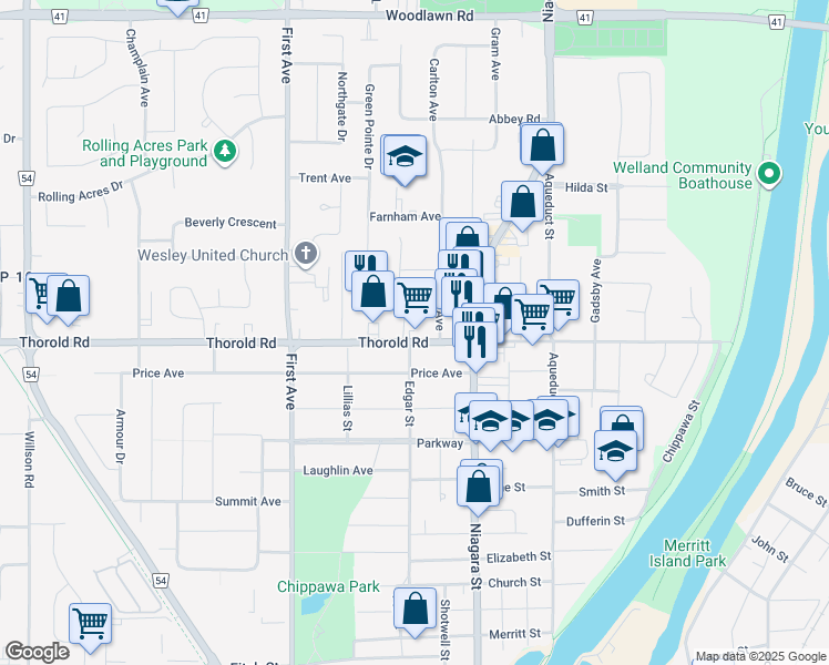 map of restaurants, bars, coffee shops, grocery stores, and more near 132 Thorold Road in Welland