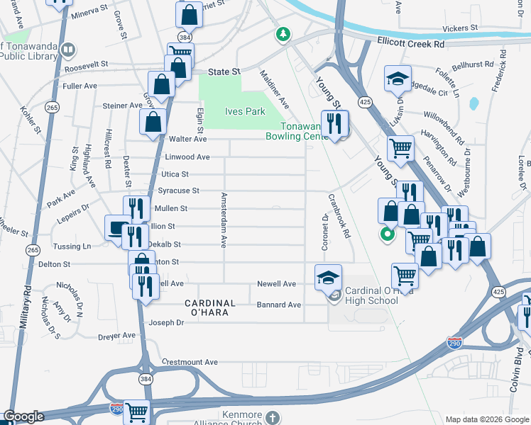 map of restaurants, bars, coffee shops, grocery stores, and more near 195 Ilion Street in Tonawanda
