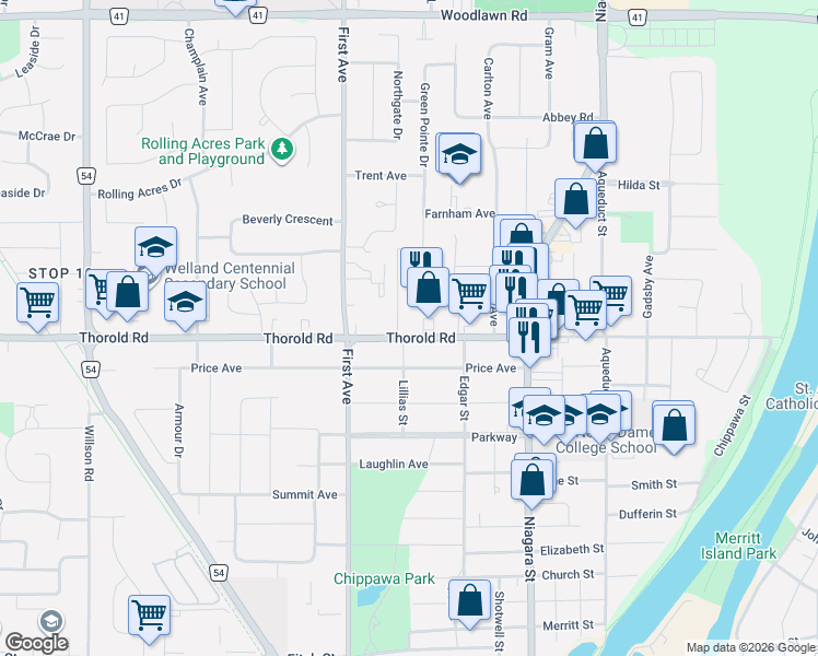 map of restaurants, bars, coffee shops, grocery stores, and more near 154 Thorold Road in Welland