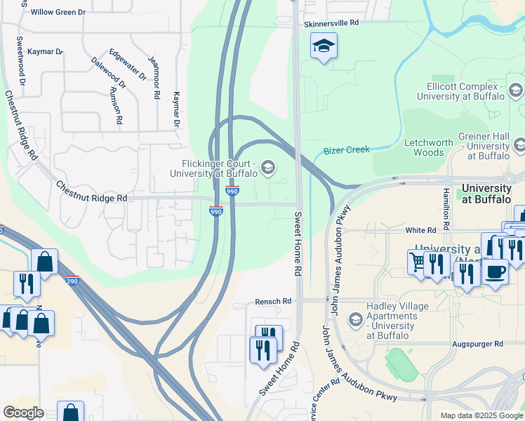 map of restaurants, bars, coffee shops, grocery stores, and more near 4905 Chestnut Ridge Road in Buffalo