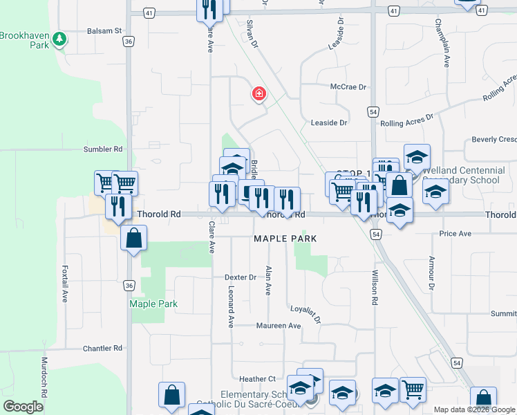 map of restaurants, bars, coffee shops, grocery stores, and more near 449 Thorold Road in Welland