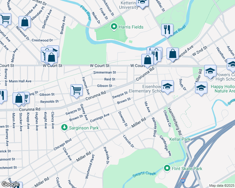 map of restaurants, bars, coffee shops, grocery stores, and more near 2306 Swayze Street in Flint
