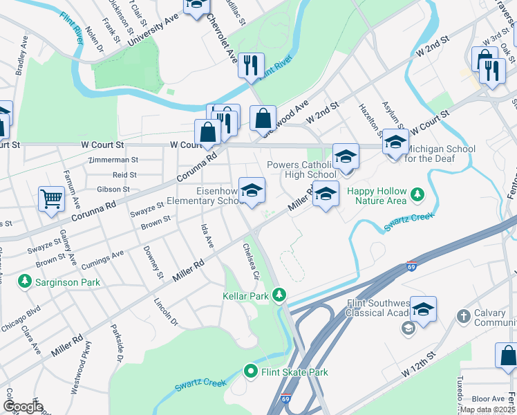 map of restaurants, bars, coffee shops, grocery stores, and more near 1235 Pershing Street in Flint