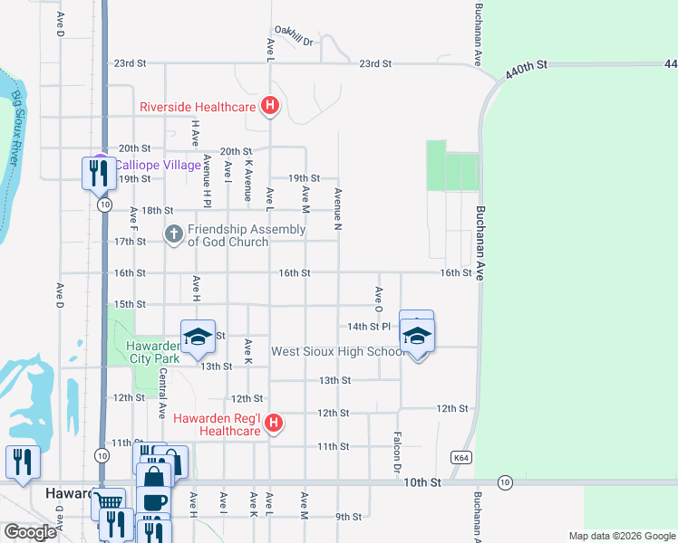 map of restaurants, bars, coffee shops, grocery stores, and more near 1601 Avenue North in Hawarden
