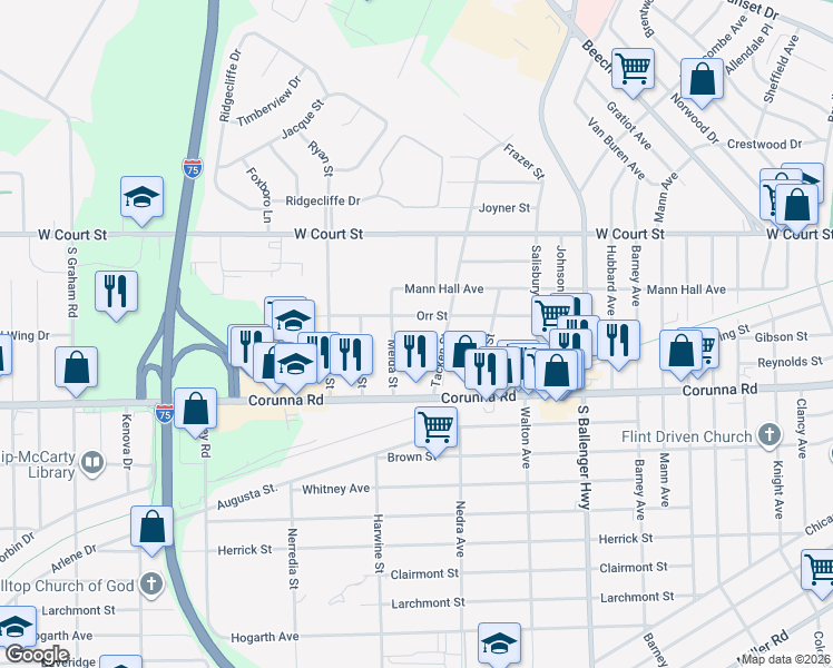 map of restaurants, bars, coffee shops, grocery stores, and more near 4026 Blackington Avenue in Flint
