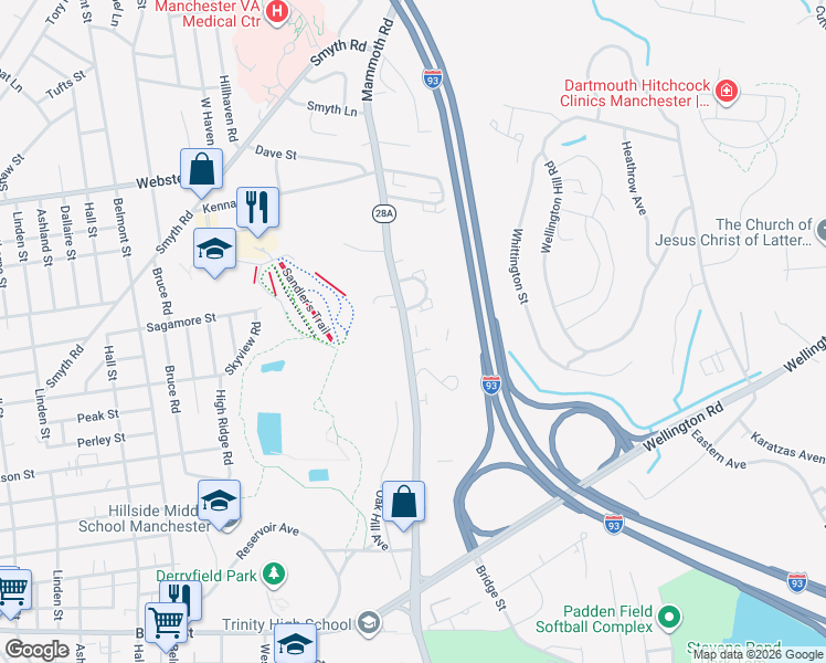 map of restaurants, bars, coffee shops, grocery stores, and more near 889 Mammoth Road in Manchester