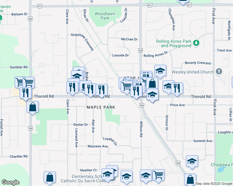 map of restaurants, bars, coffee shops, grocery stores, and more near 358 Thorold Road in Welland