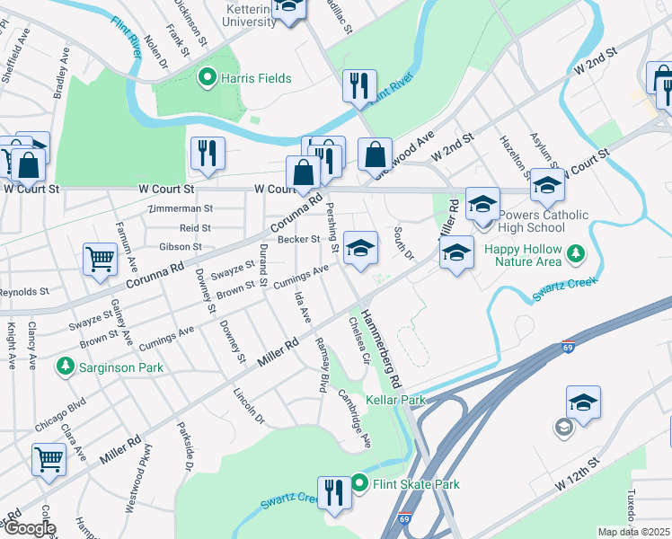 map of restaurants, bars, coffee shops, grocery stores, and more near 1202 Pershing Street in Flint
