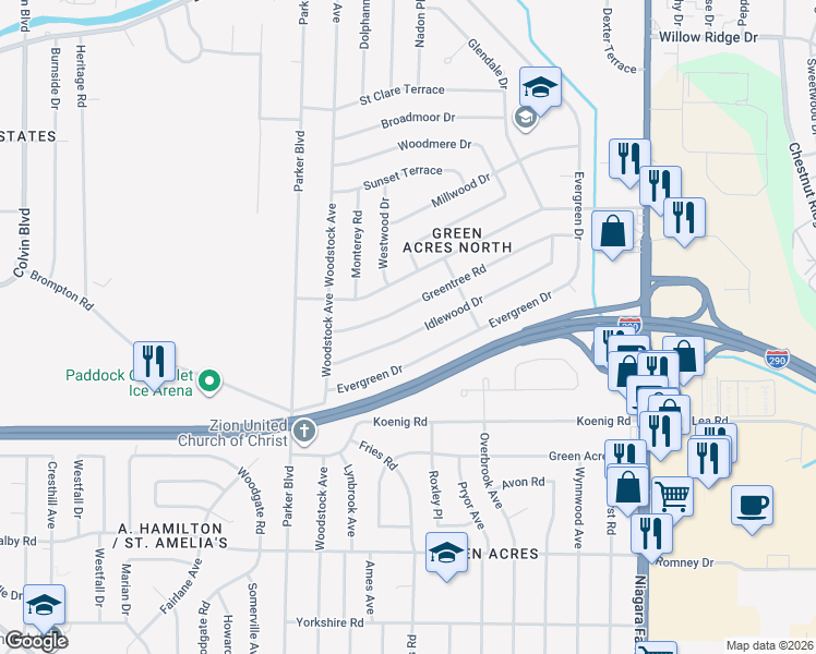 map of restaurants, bars, coffee shops, grocery stores, and more near 114 Evergreen Drive in Tonawanda