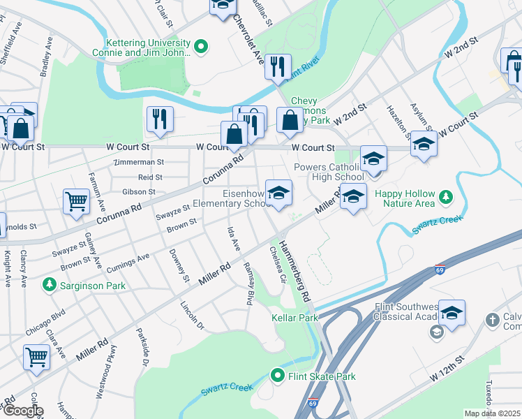 map of restaurants, bars, coffee shops, grocery stores, and more near 1202 Pershing Street in Flint