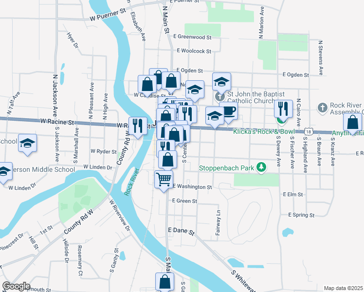 map of restaurants, bars, coffee shops, grocery stores, and more near 146 East Milwaukee Street in Jefferson