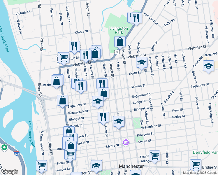 map of restaurants, bars, coffee shops, grocery stores, and more near 296 Walnut Street in Manchester