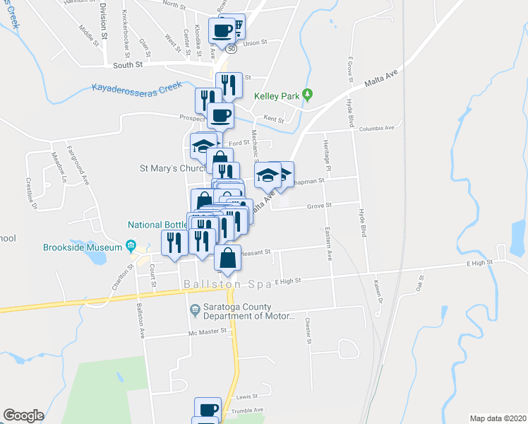 map of restaurants, bars, coffee shops, grocery stores, and more near 9 Scott Street in Ballston Spa