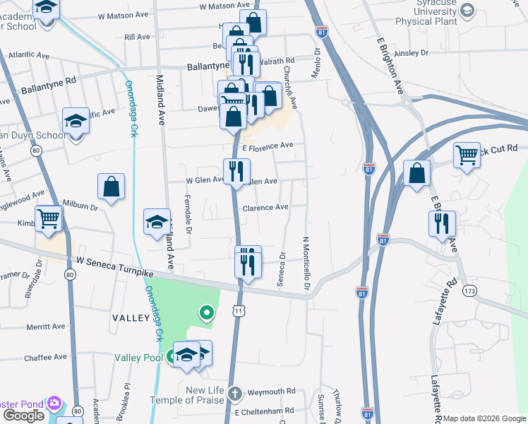 map of restaurants, bars, coffee shops, grocery stores, and more near 335 Randolph Street in Syracuse