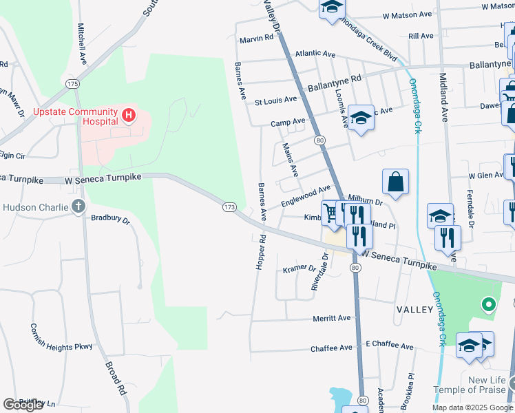 map of restaurants, bars, coffee shops, grocery stores, and more near 718 West Seneca Turnpike in Syracuse