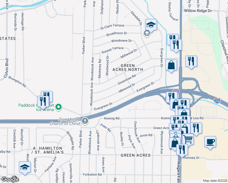 map of restaurants, bars, coffee shops, grocery stores, and more near 114 Evergreen Drive in Tonawanda