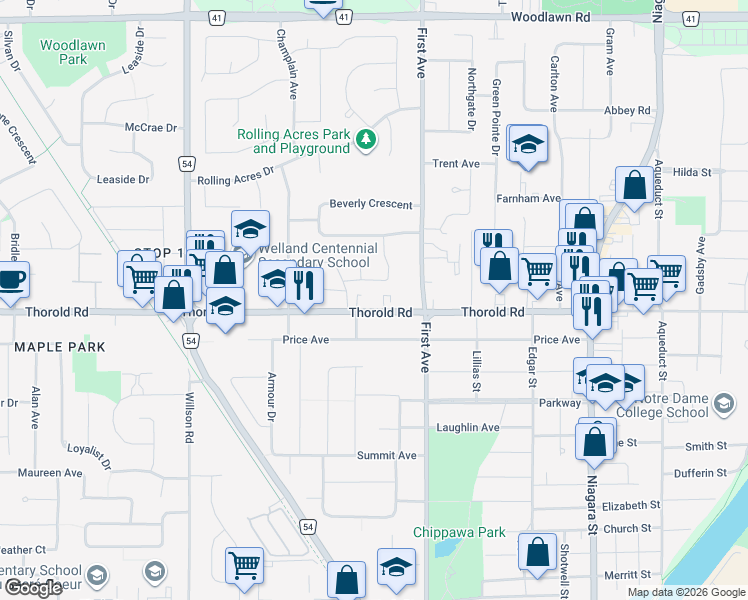 map of restaurants, bars, coffee shops, grocery stores, and more near 181 Thorold Road in Welland